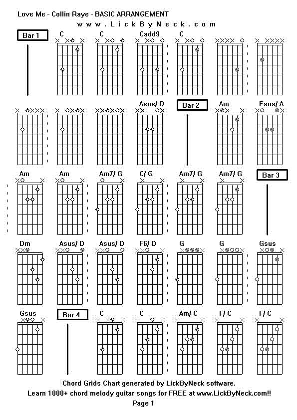 Chord Grids Chart of chord melody fingerstyle guitar song-Love Me - Collin Raye - BASIC ARRANGEMENT,generated by LickByNeck software.